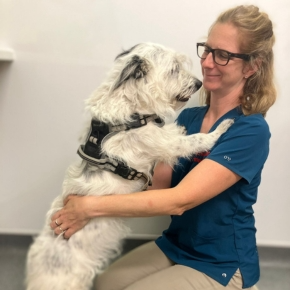 Cardiology vet kneeling on the floor with a white dog standing with their paws on the vet's shoulders